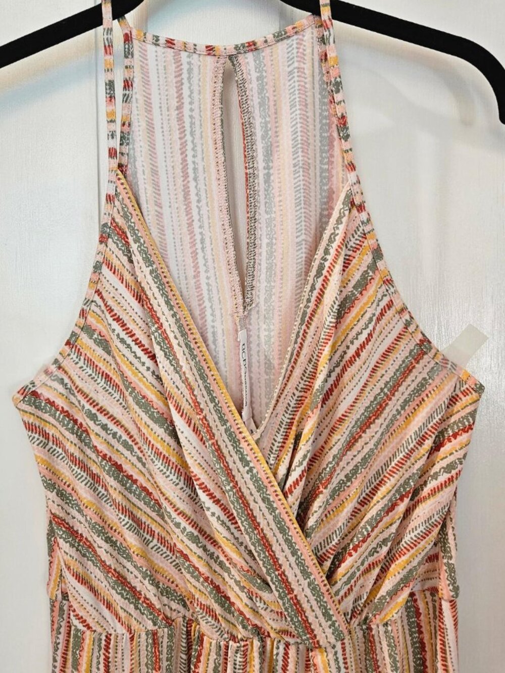 BCBGeneration striped mini dress, surplice neckline, colorful wavy pattern S=M